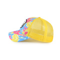 Colorful print trucker cap with woven label